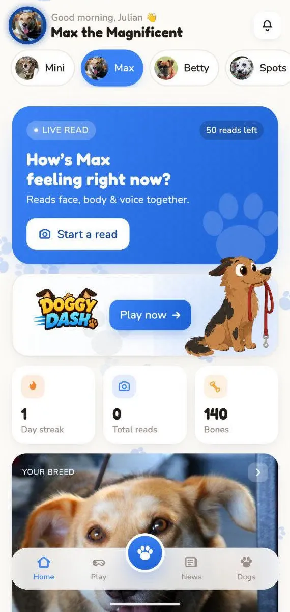 The Dogoos home screen, showing the active dog and a Live Read card