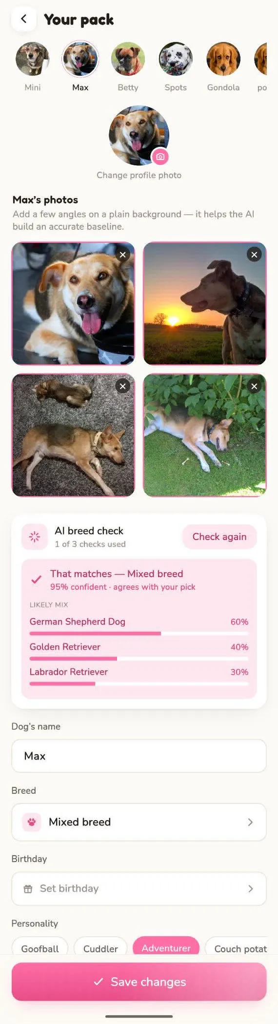 Max's profile with photos and the AI breed check showing a mixed-breed breakdown