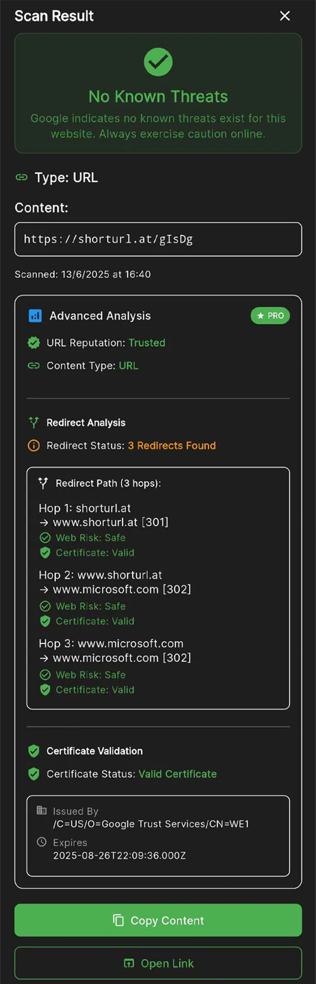 The redirect chain view, showing each hop with its own status badges