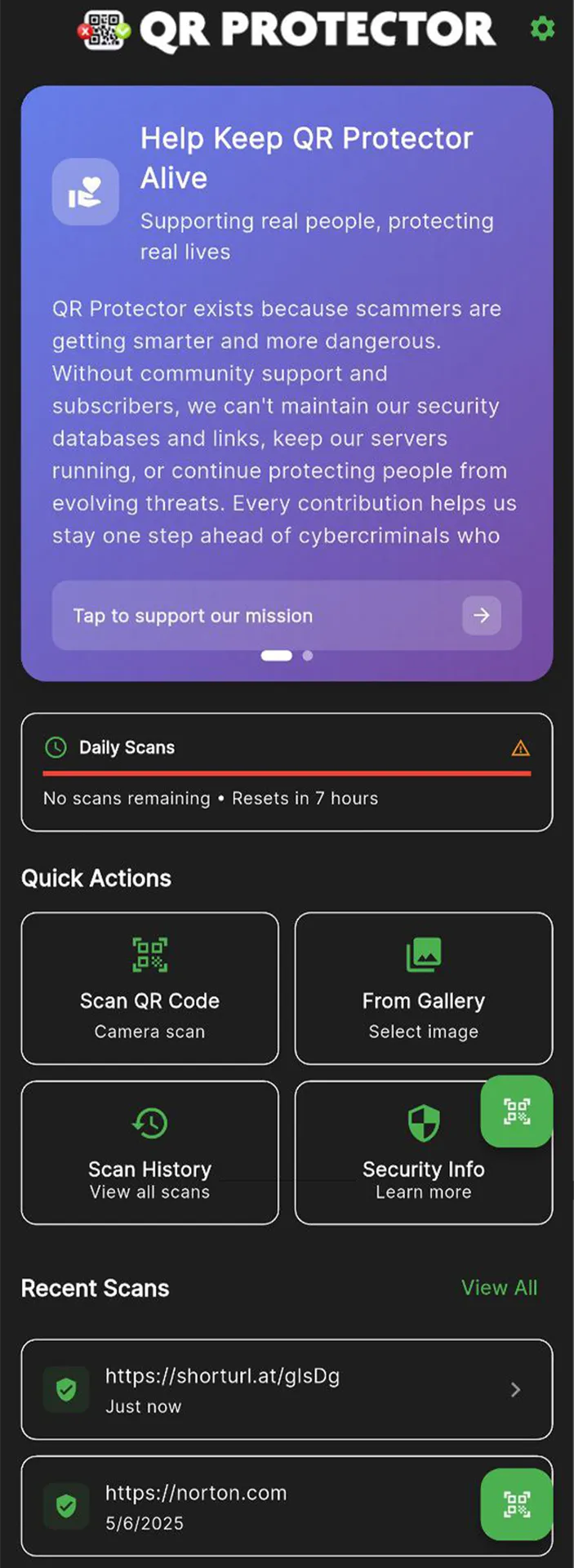 The QR Protector home and scan screen