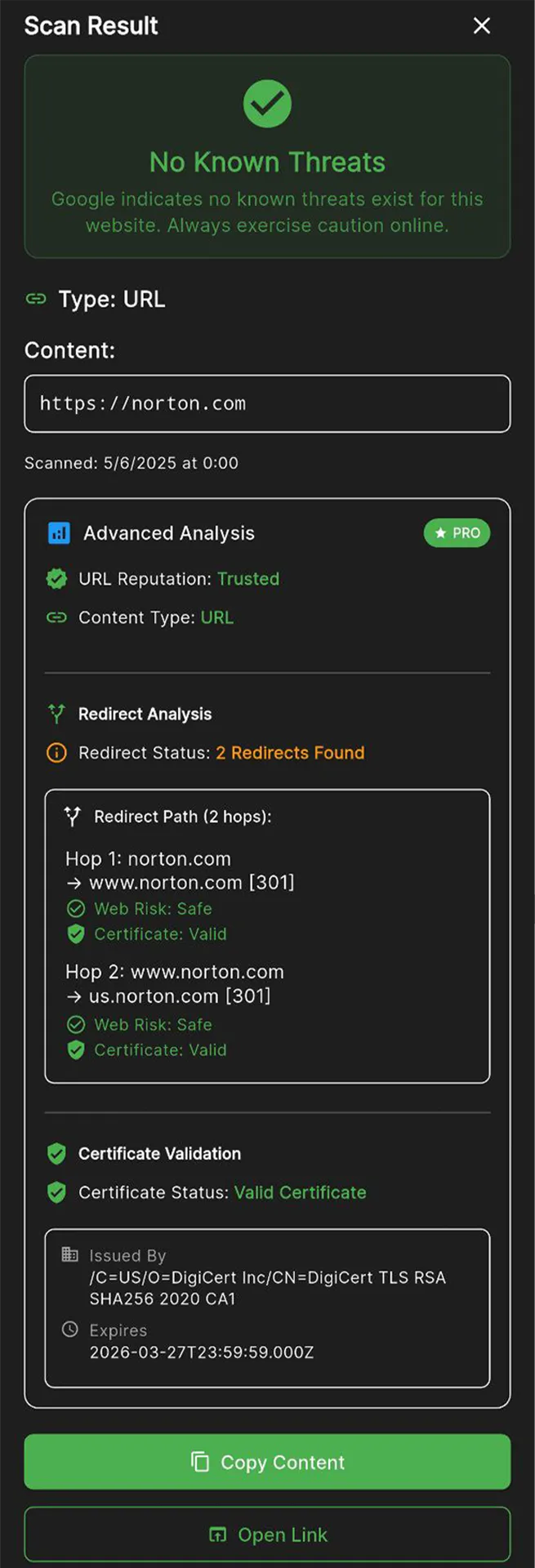 A completed QR Protector scan showing a verdict and the reasons behind it